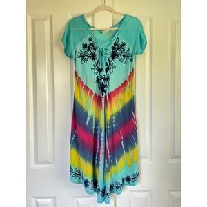 Exist Embroidered Tie Dye Rainbow Hippie Festival Beachy Resort Dress Free Size